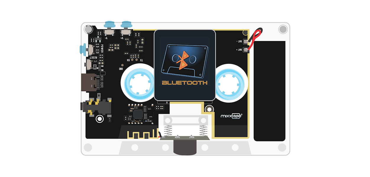 Mixxtape: Nostalgic cassette reimagined. High-res touch display, Bluetooth, headphone jack. Modern meets retro, plays as a cassette too. Music redefined.