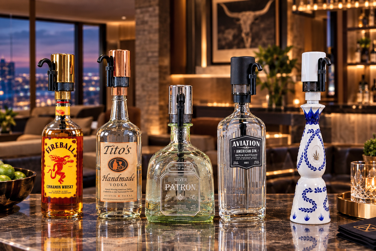 Five distinct liquor bottles each with a unique Pourzi lined up on a polished bar counter in a high-end bar setting with a city skyline at dusk. The bottles include Fireball, Tito's Handmade Rum, Patron Tequila, Aviation Gin, and a white tequila bottle with blue dragon designs.