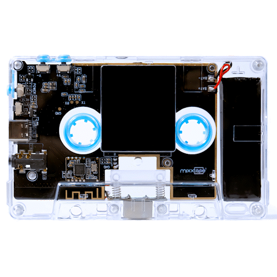 GIF displaying the diverse menu screens of Mixxtape, the inventive cassette-shaped music player. The GIF cycles through the intuitive high-resolution touch display menus, showcasing its user-friendly interface. The screens highlight features such as music playback controls, settings customization, file browsing, and memory management. Mixxtape seamlessly blends modern technology with a nostalgic design, providing an engaging and interactive way to navigate and enjoy music.
