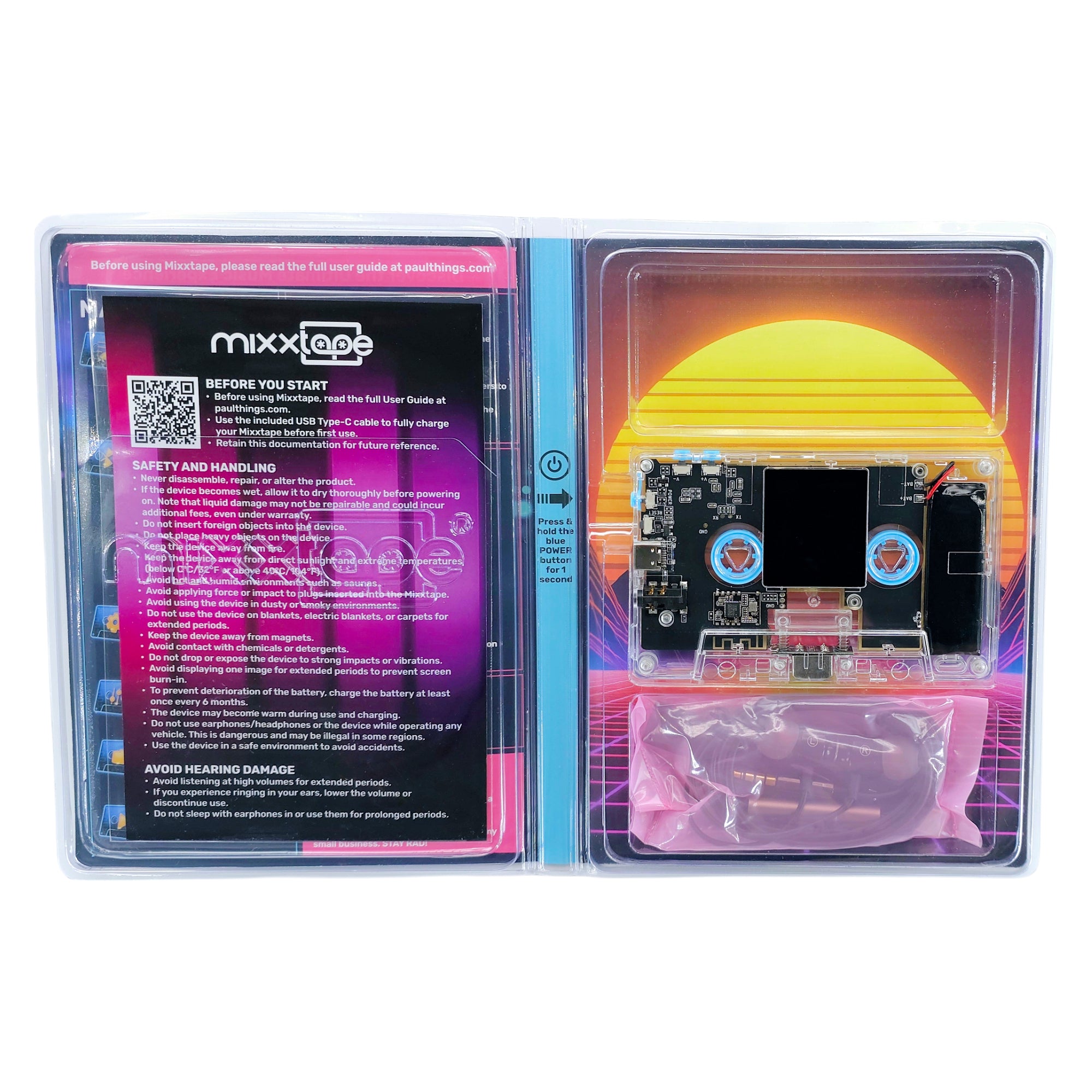 Mixxtape packaging opened to show Mixxtape, accessories, and 90s synthwave background