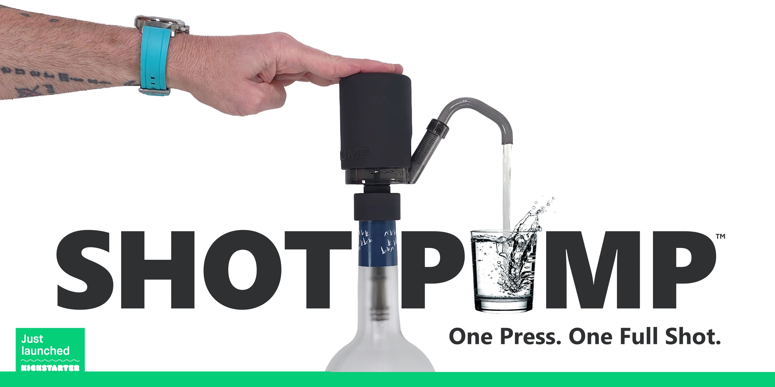 Hand using a Shotpump to dispense vodka into a shot glass, with branding and text on a white background.