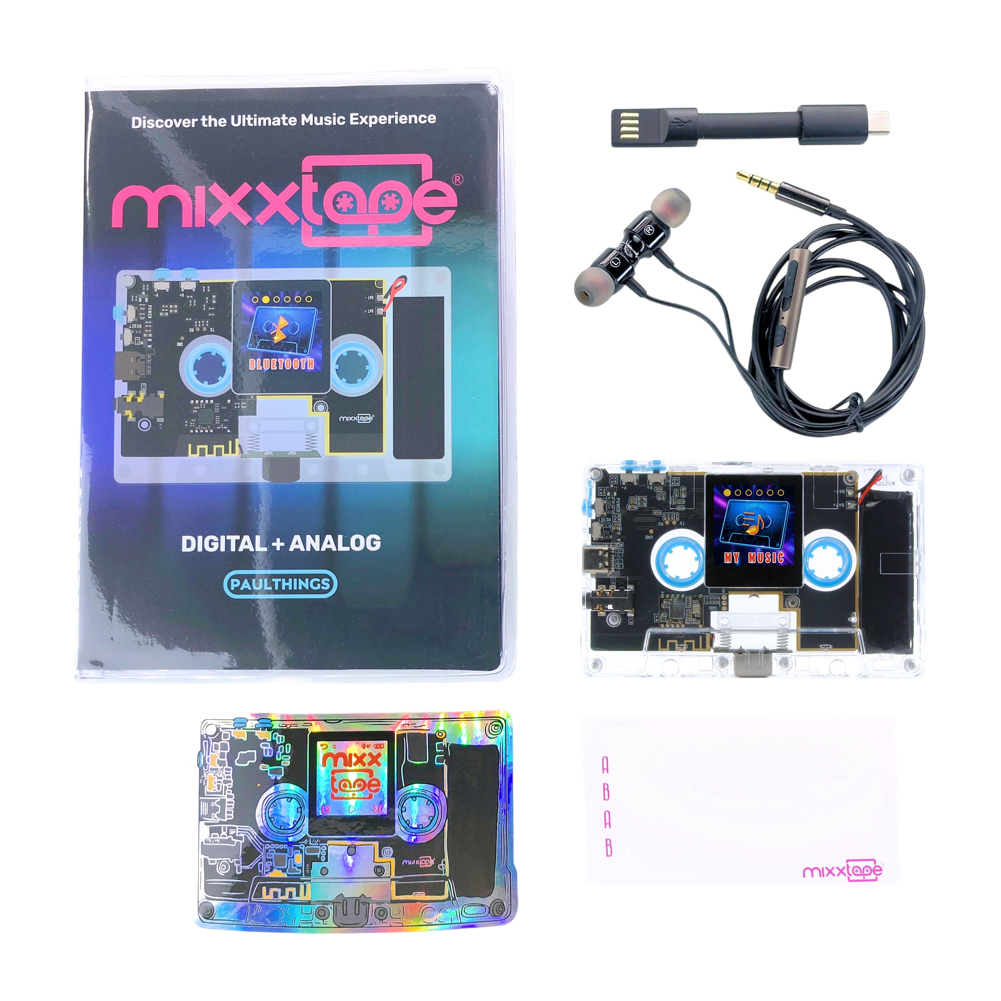 Mixxtape, the cassette reinvented by Paulthings, incudes USB-C cable, wired earbuds, tape labels, DVD case, and stickers