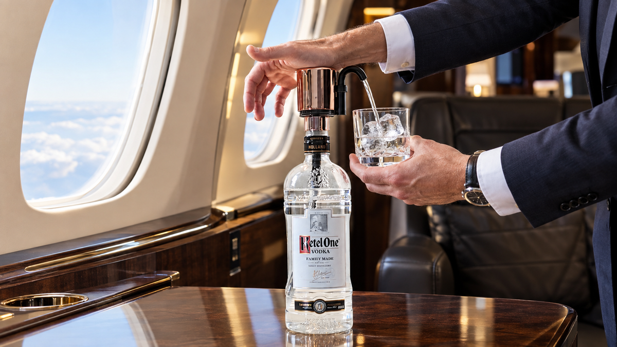 A clear bottle of Ketel One vodka stands on a polished wooden table beside an airplane window, with a person in a dark suit pouring a drink from a Pourzi into a rocks glass.