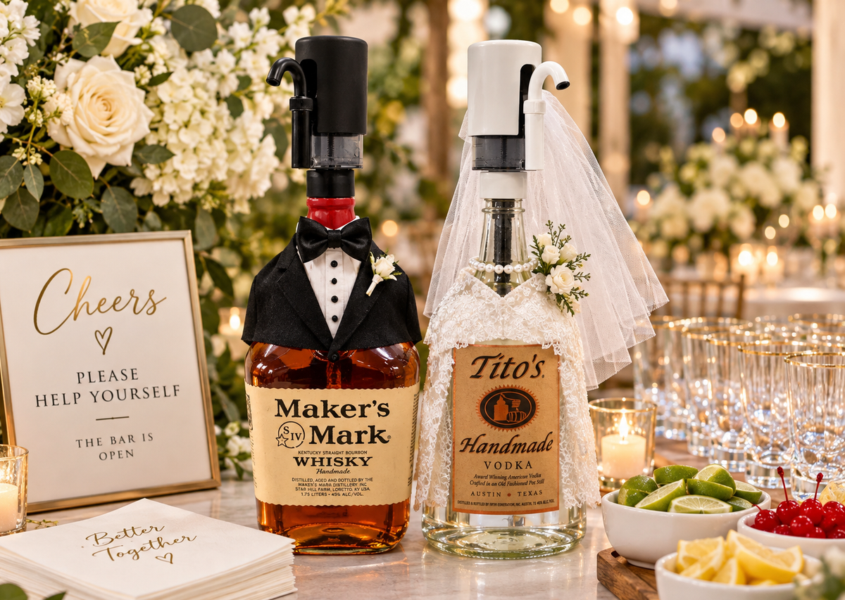 Two customized wedding-themed bar bottles each with a Pourzi displayed on a table. 