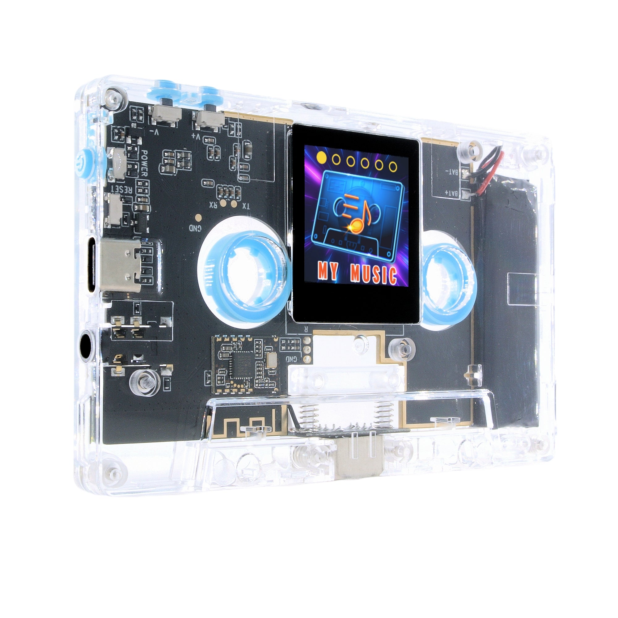 Mixxtape angle view, Headphone jack, earbuds, usb-c port, clear housing, black circuit board, bluetooth, hi-res audio